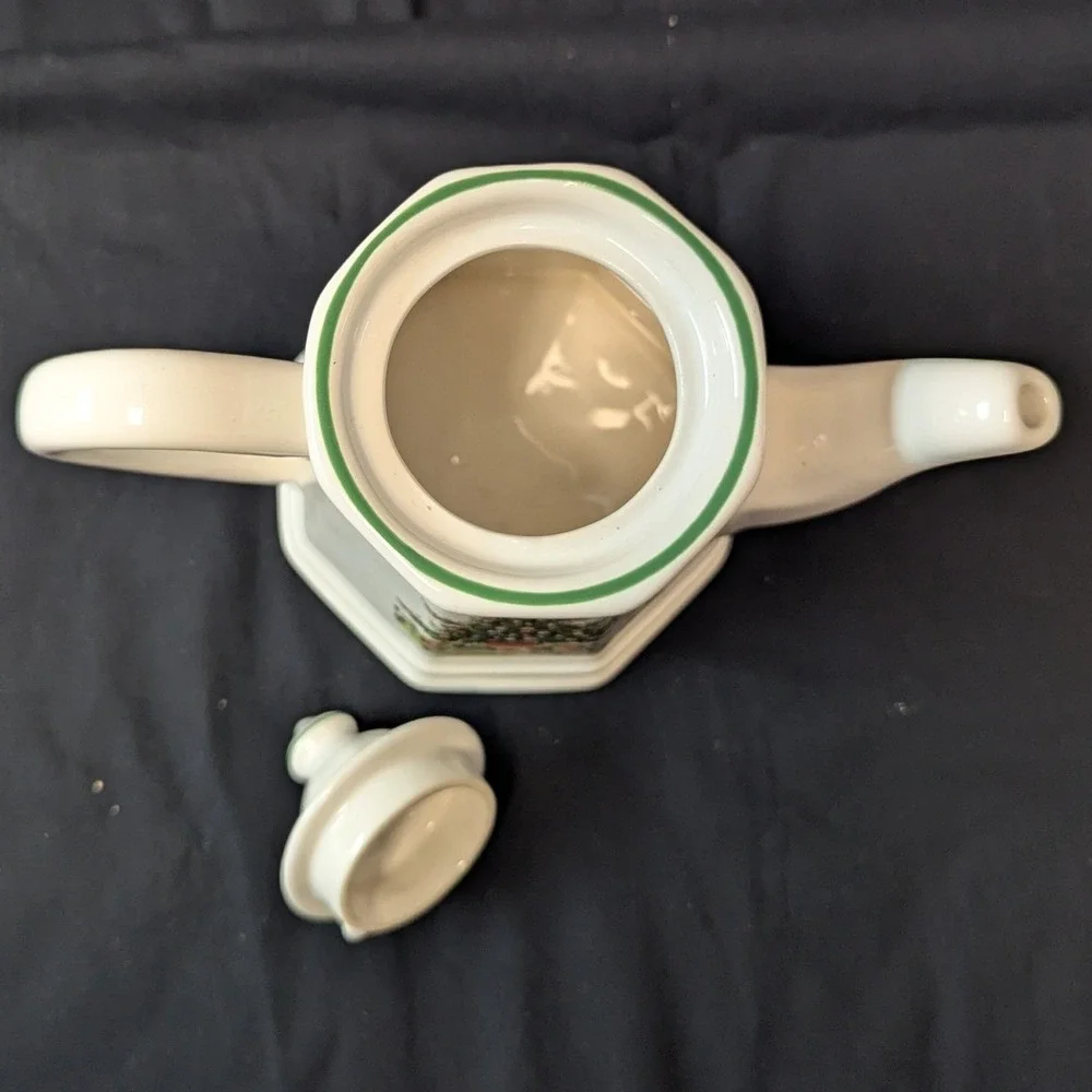 Pfaltzgraff Tea Pot Heritage Christmas Tree Stoneware White Green Trim USA 1980s